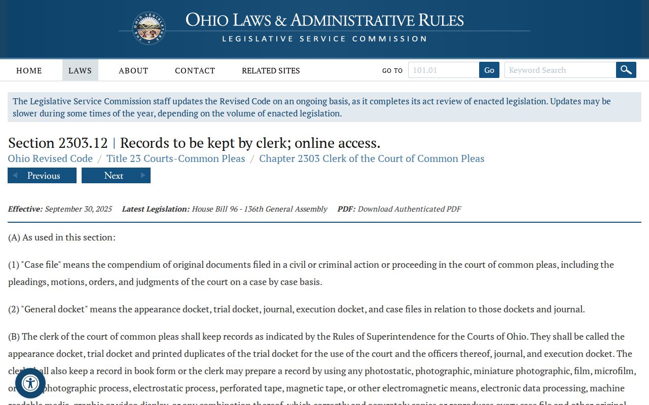 Meigs County civil docket Ohio general docket clerk law page
