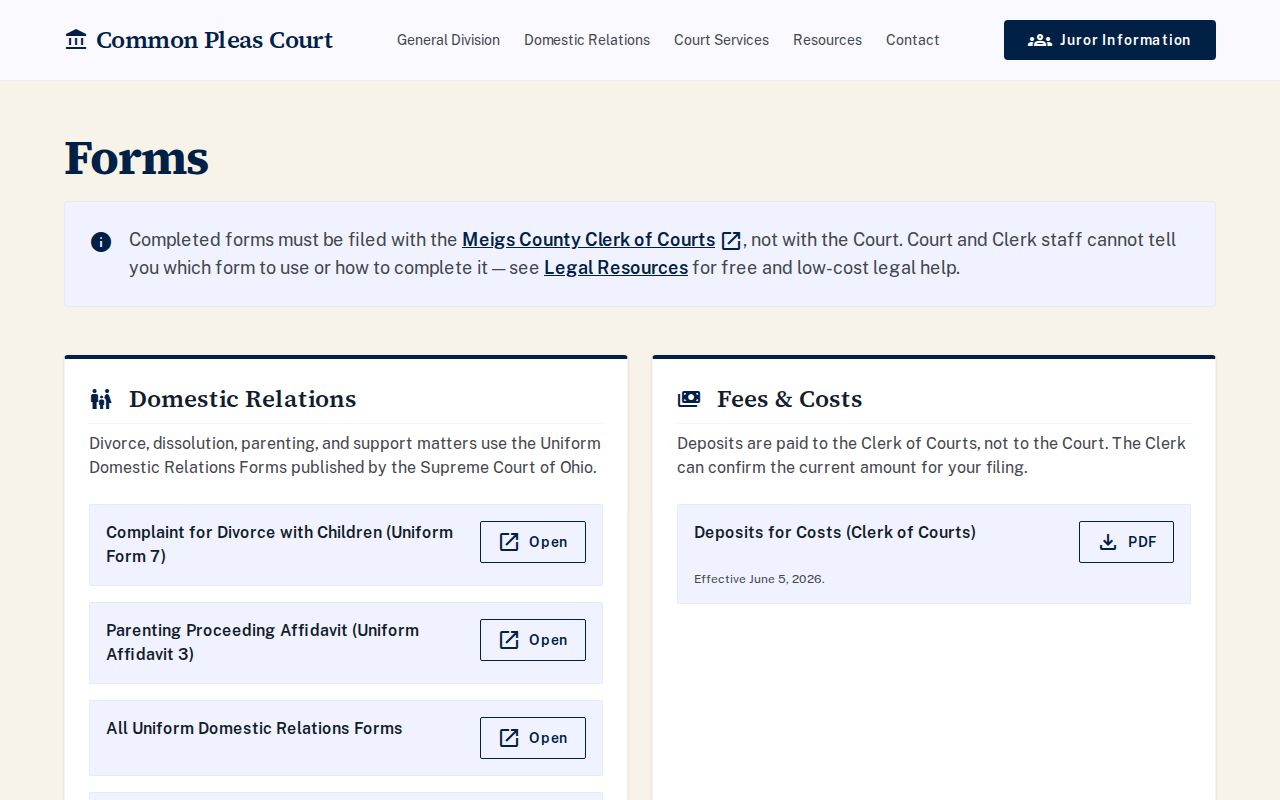 Meigs County civil docket Common Pleas forms and records page