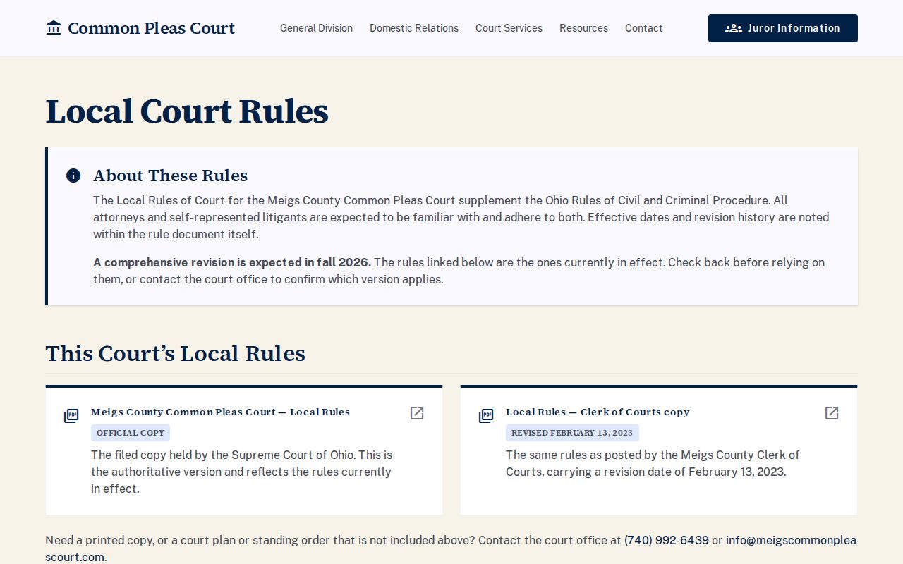 Meigs County civil docket Common Pleas local rules source page
