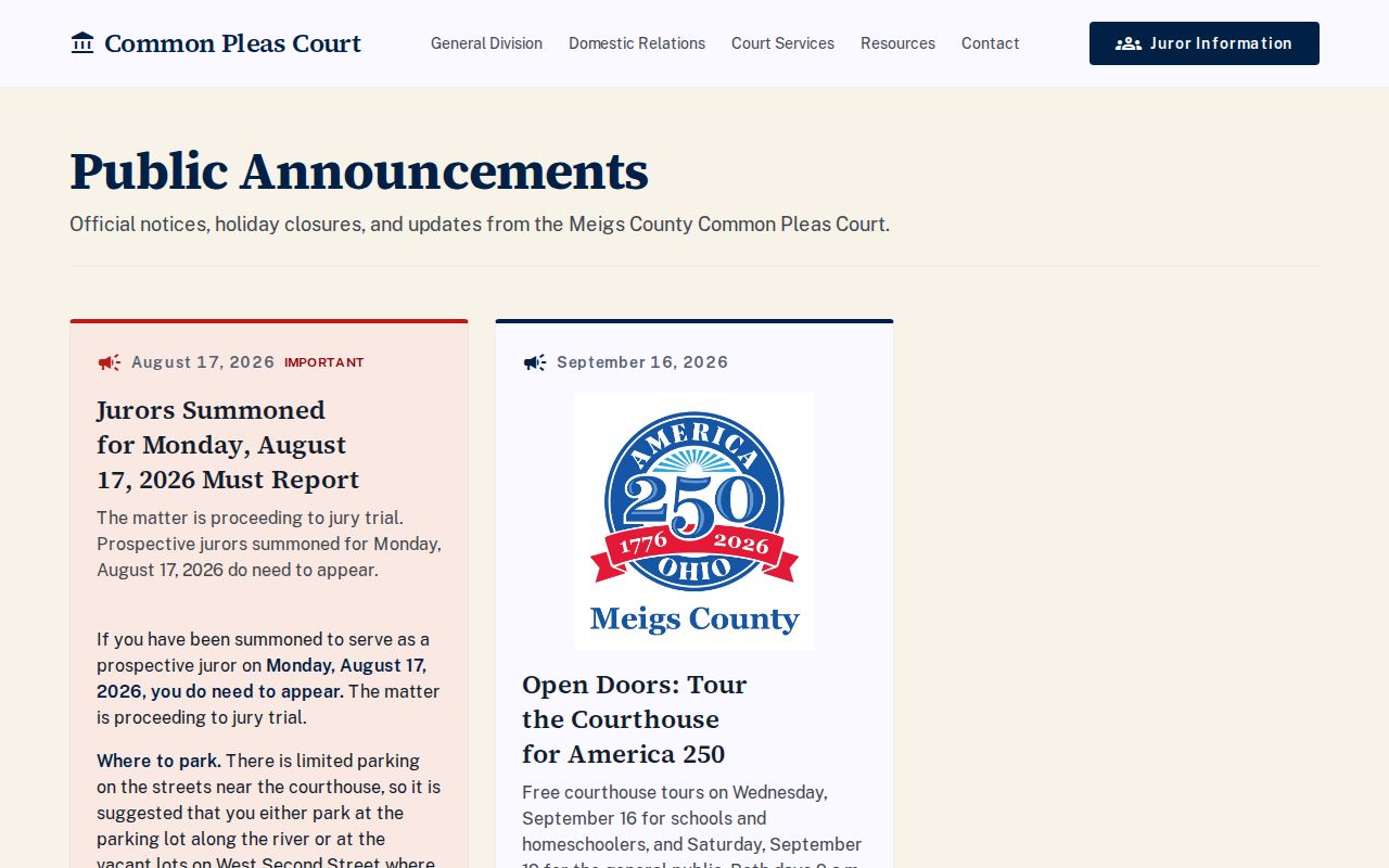 Meigs County court calendar Common Pleas announcements