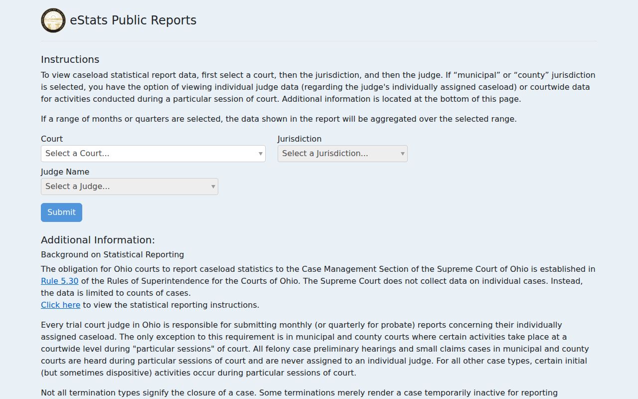 Meigs County court docket and Ohio eStats public report selector