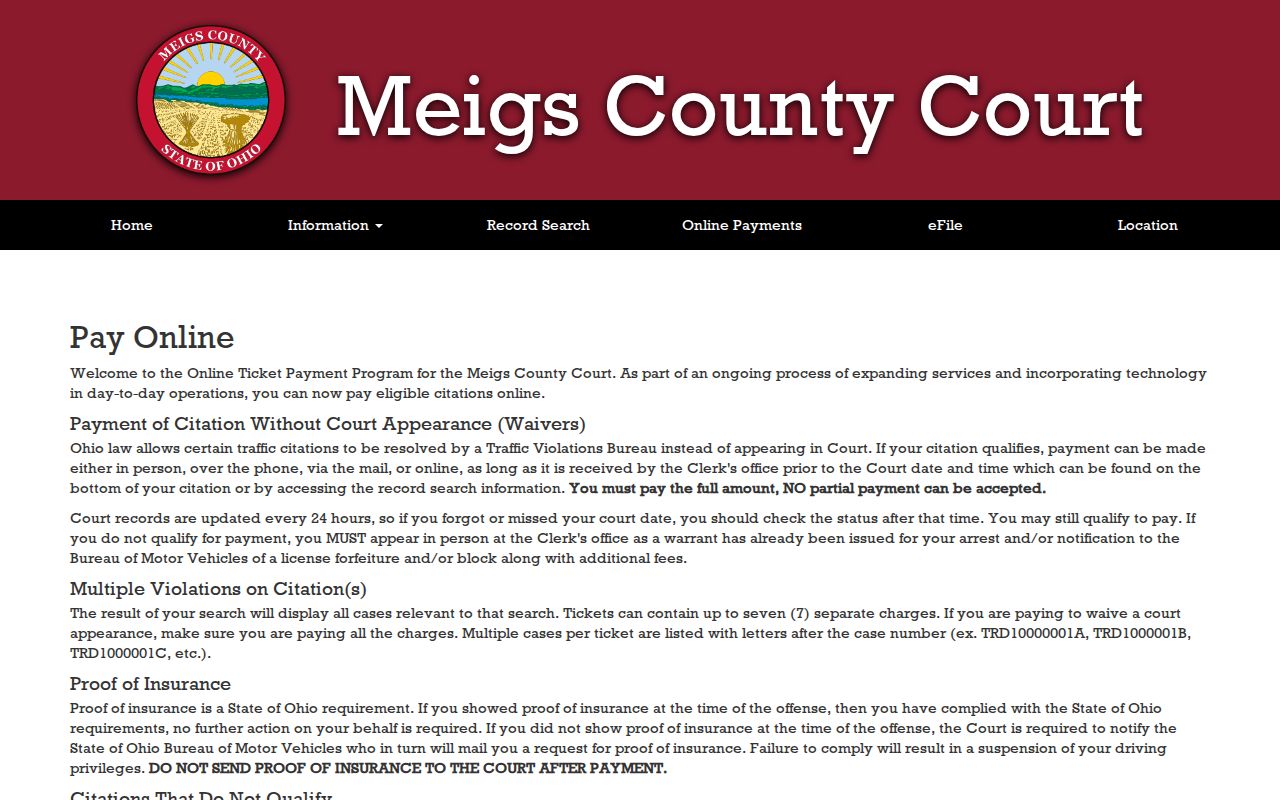 Meigs County traffic court record payment search instructions