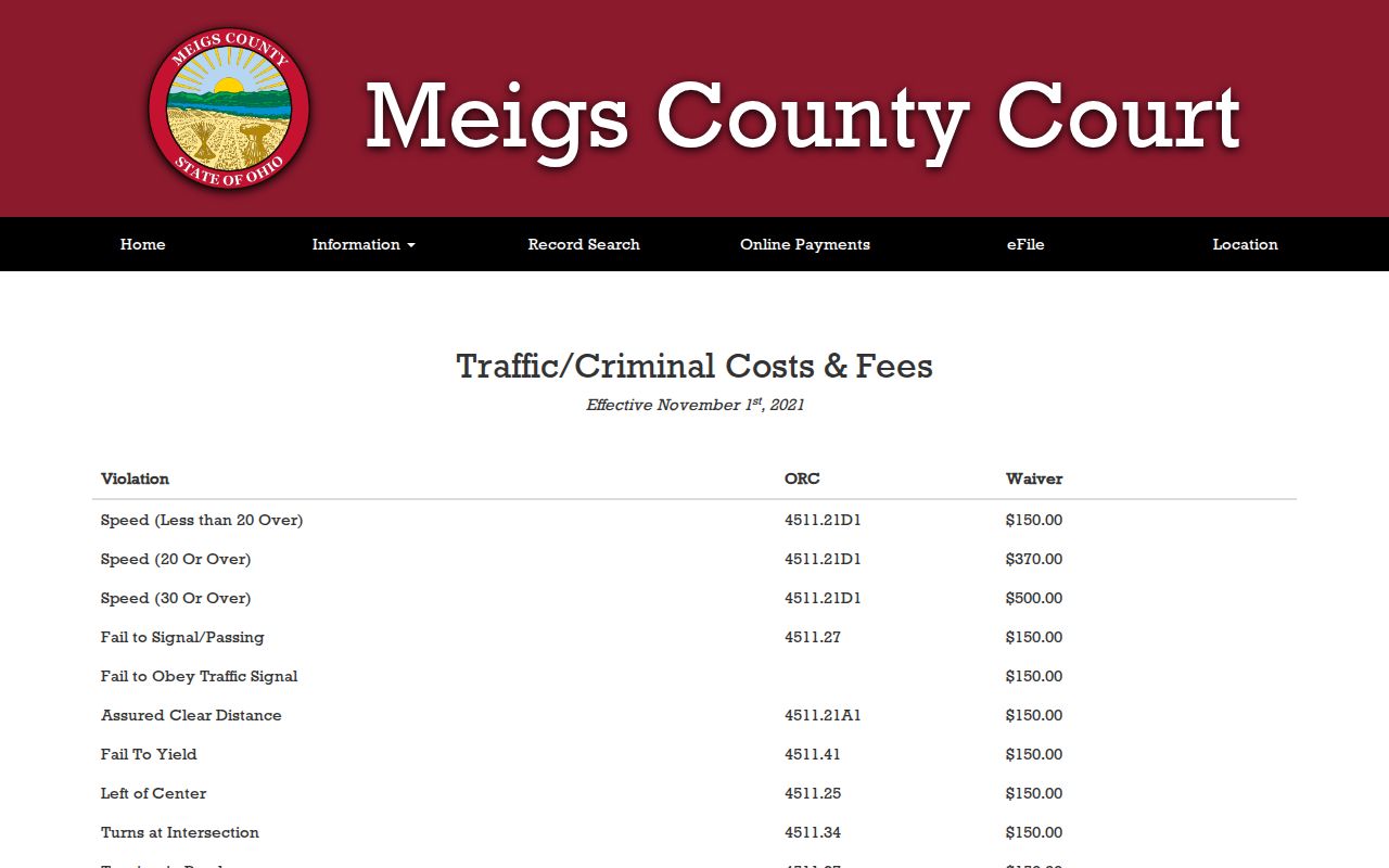 Meigs County traffic court record waiver fee schedule